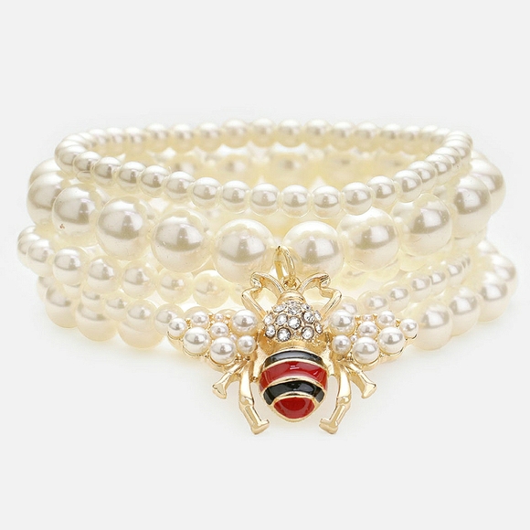5 Piece HoneyBee Stretch Gold Cream Pearl Bracelet - Picture 1 of 2